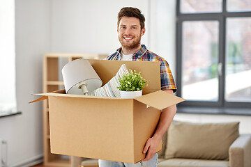 Image showing happy man with box moving to new home