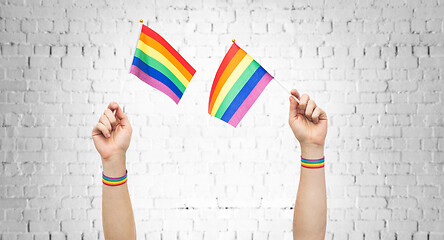 Image showing hands with gay pride rainbow flags and wristbands