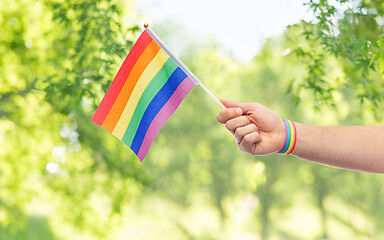 Image showing hand with gay pride rainbow flag and wristband