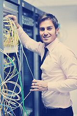 Image showing young it engeneer in datacenter server room