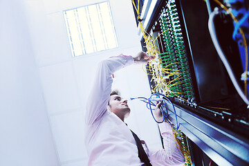 Image showing young it engeneer in datacenter server room