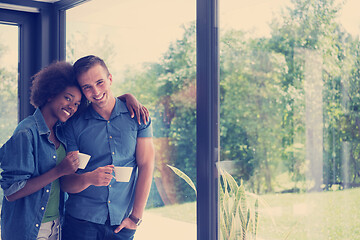 Image showing romantic happy young couple relax at modern home indoors