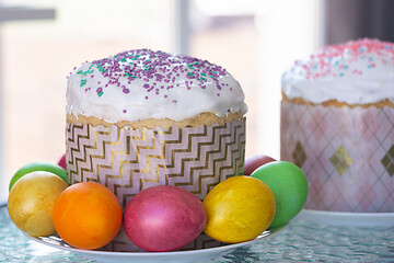 Image showing Easter still life with cake and painted eggs