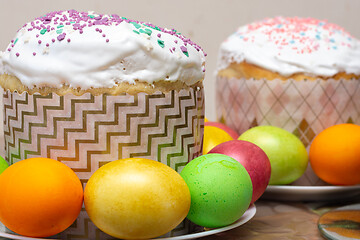 Image showing compilation of Easter cakes and painted multi-colored eggs