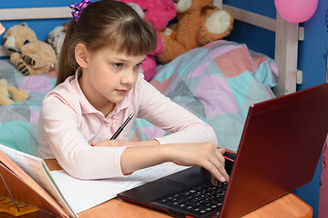 Image showing girl in home clothes sits in a room and prints in a laptop