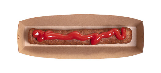 Image showing One frikadel with ketchup, a Dutch fast food snack