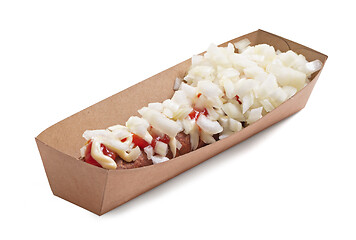 Image showing One frikadel with ketchup, mayonnaise on chopped onions, a Dutch