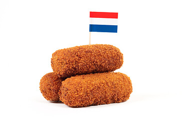 Image showing Brown crusty dutch kroketten with dutch flag