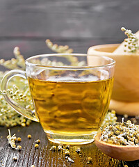 Image showing Tea of gray wormwood in glass cup with mortar on board