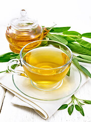 Image showing Tea herbal with sage in cup on wooden board