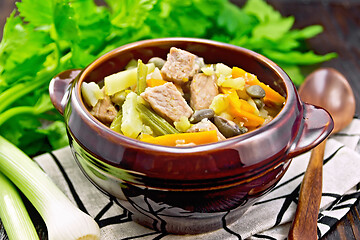 Image showing Soup Eintopf in clay bowl on towel