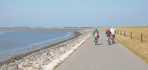 Image showing Cyclists cycling on a dyke