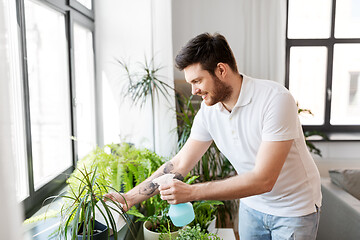 Image showing man spraying houseplants with water at home