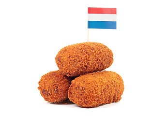 Image showing Brown crusty dutch kroketten with dutch flag