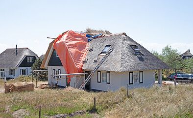 Image showing Thatched roof with straw and tools