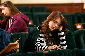 Image showing The group of cheerful happy students sitting in a lecture hall before lesson