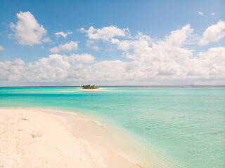 Image showing Picture perfect beach and turquoise lagoon on small tropical island on Maldives