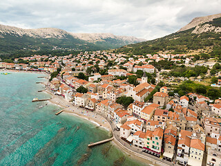 Image showing Aerial panoramic view of Baska town, popular touristic destination on island Krk, Croatia, Europe.