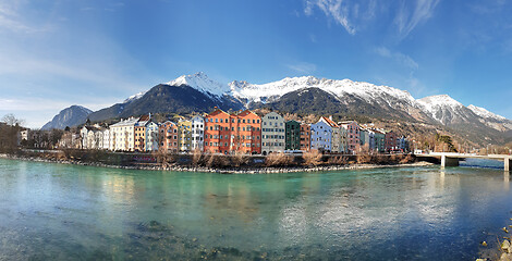 Image showing Panoramic view of Innsbruck with colourful houses along Inn rive