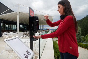 Image showing hands disinfection in restaurant