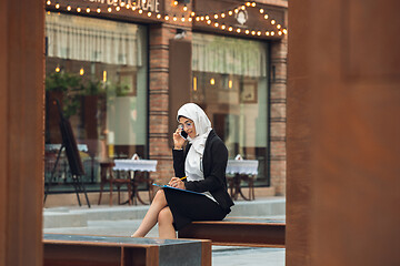 Image showing Beautiful muslim successful businesswoman portrait, confident happy CEO