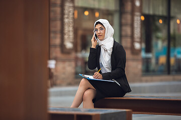 Image showing Beautiful muslim successful businesswoman portrait, confident happy CEO