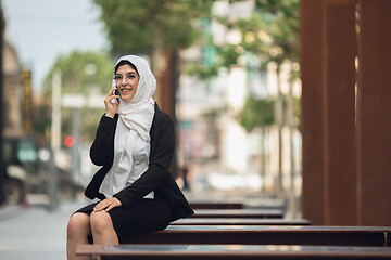 Image showing Beautiful muslim successful businesswoman portrait, confident happy CEO