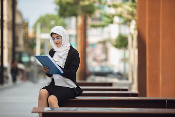 Image showing Beautiful muslim successful businesswoman portrait, confident happy CEO