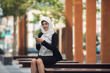 Image showing Beautiful muslim successful businesswoman portrait, confident happy CEO