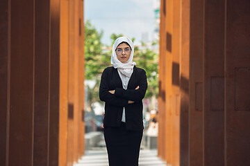 Image showing Beautiful muslim successful businesswoman portrait, confident happy CEO