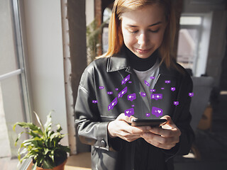 Image showing Girl connecting and sharing social media. Modern UI icons, communication, devices