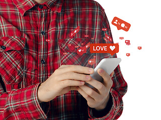 Image showing Close up man connecting and sharing social media. Modern UI icons, communication, devices