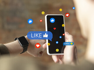 Image showing Close up male hands connecting and sharing social media. Modern UI icons, communication, devices