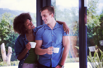 Image showing romantic happy young couple relax at modern home indoors