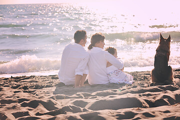 Image showing happy family playing with dog on beach