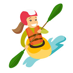 Image showing Young caucasian white woman riding a kayak.