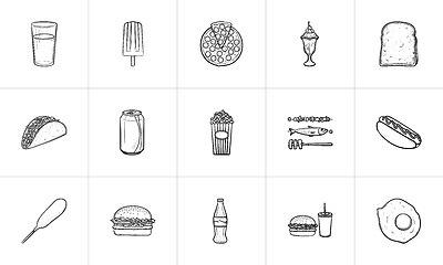 Image showing Food and drink hand drawn sketch icon set.