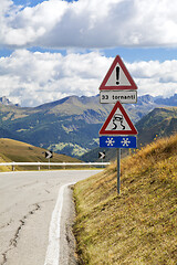 Image showing Road sign on a mountain road in Dolomites