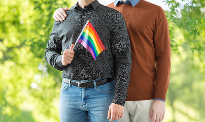 Image showing close up of happy male couple with gay pride flags