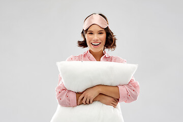 Image showing woman with pillow in pajama and eye sleeping mask