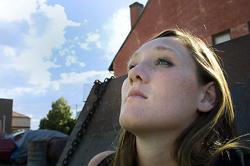 Image showing Close up on a Girl Looking Up - Urban