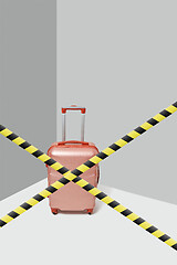 Image showing Travel suitcase behind crossed forbidden lines in the corner of gray walls.