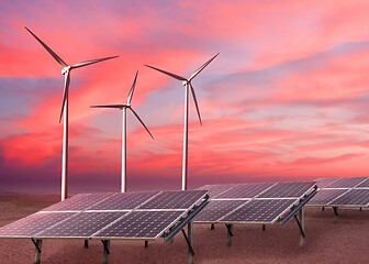 Image showing Wind turbines and solar panels as alternative renewable energy.