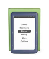 Image showing Blue e-book reader and green book