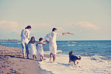 Image showing happy family playing with dog on beach