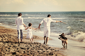 Image showing happy family playing with dog on beach