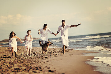 Image showing happy family playing with dog on beach