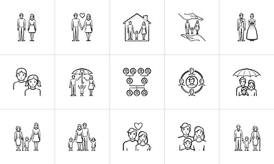 Image showing Wedding and family hand drawn sketch icon set.