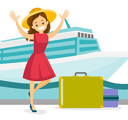 Image showing Tourist goes to the cruise liner with a suitcase.