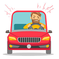 Image showing Angry caucasian man in car stuck in traffic jam.